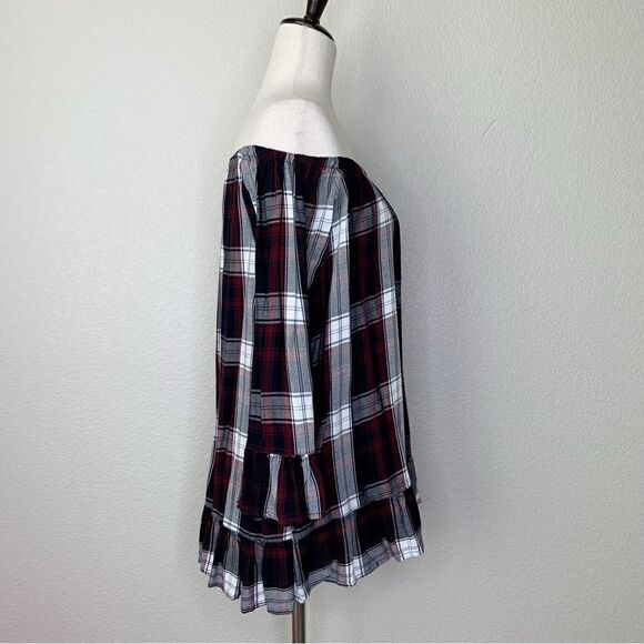 For the Republic Plaid Off Shoulder Bell Sleeves Peplum Top - Picture 6 of 11